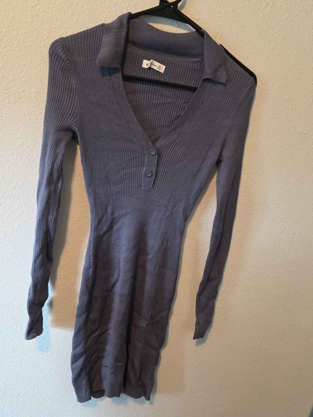 Hollister Slate Blue Ribbed V‑Neck Long Sleeve Dress